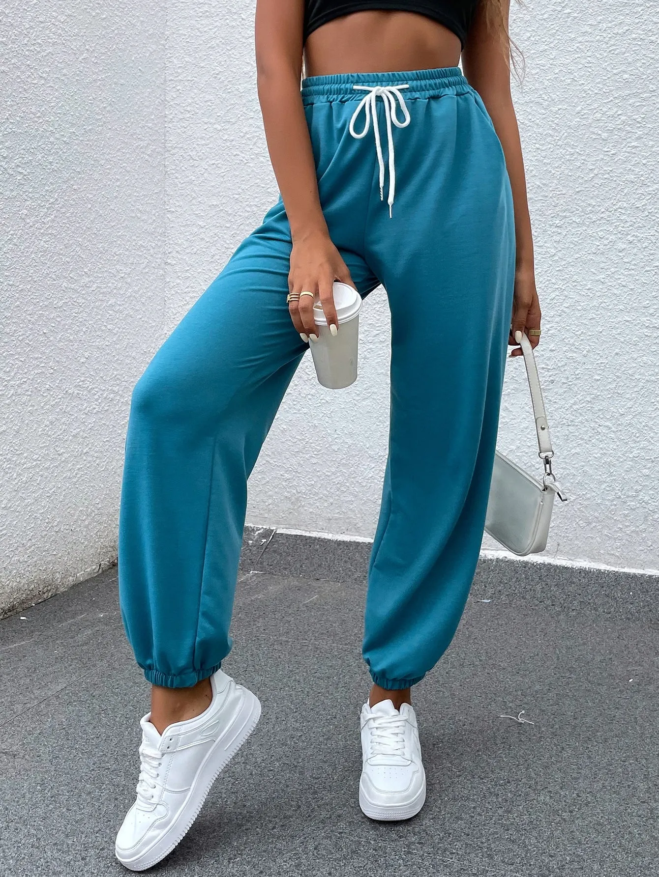 Letter Drawstring Natural Cropped Women Sweatpants