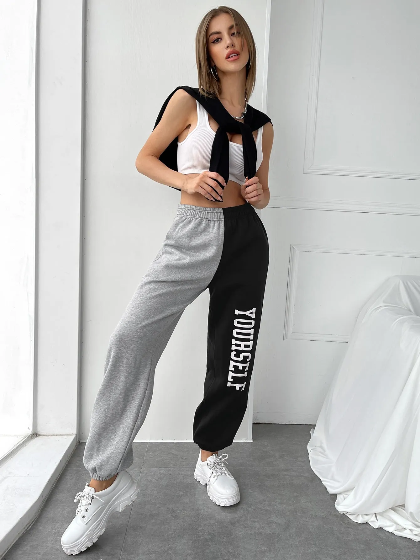 Letter Pocket High Waist Long Women Sweatpants