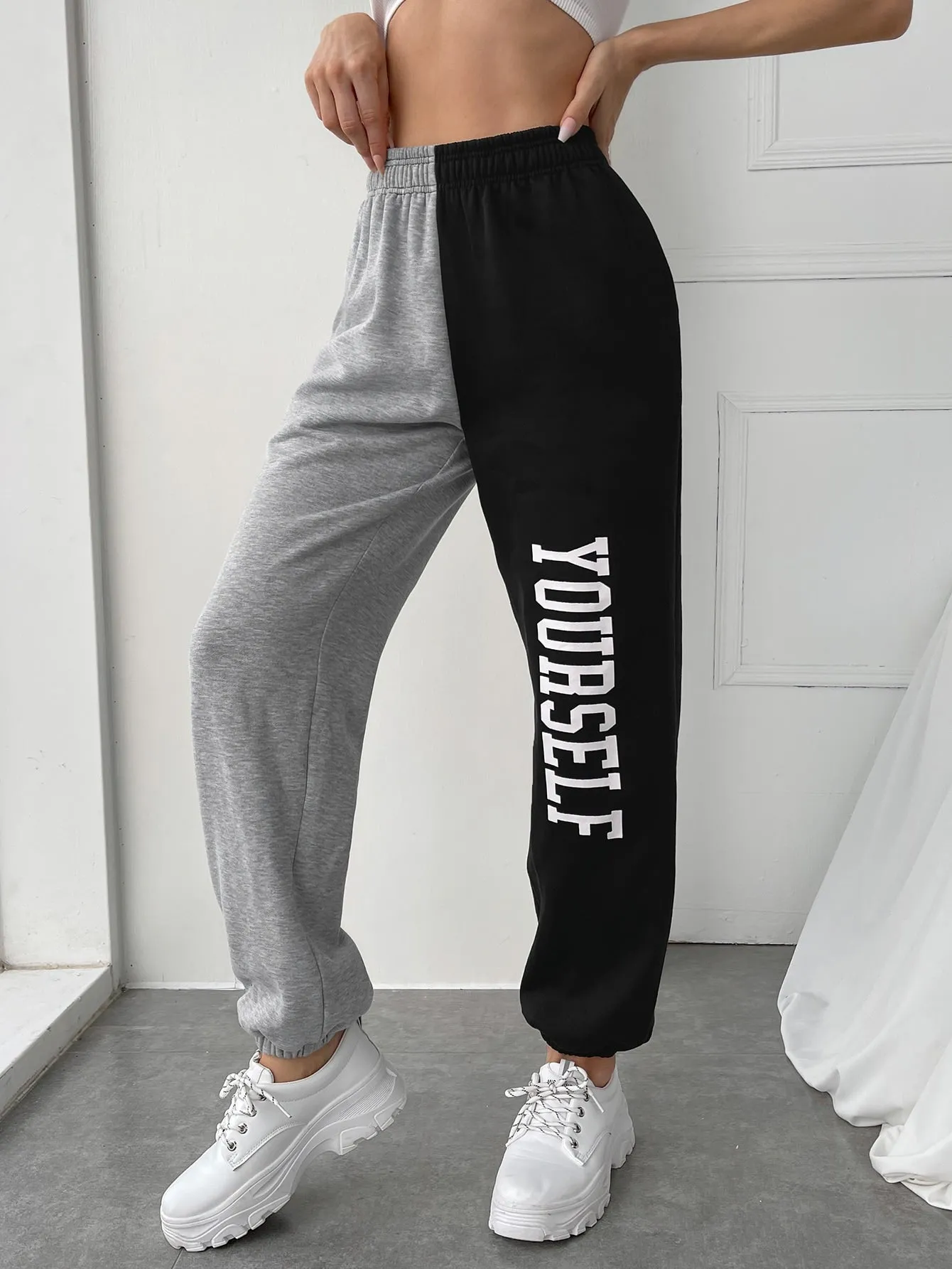 Letter Pocket High Waist Long Women Sweatpants