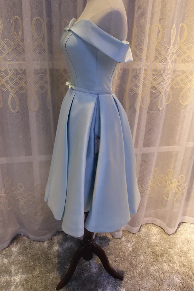 Light Blue Off Shoulder Satin Bridesmaid Dress, Blue Short Formal Dress