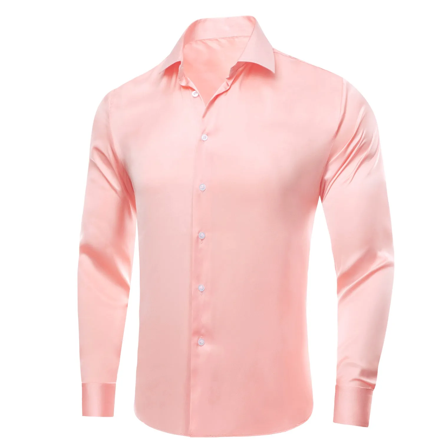 Light Pink Solid Satin Chiffon Non-stretch Men's Long Sleeve Shirt