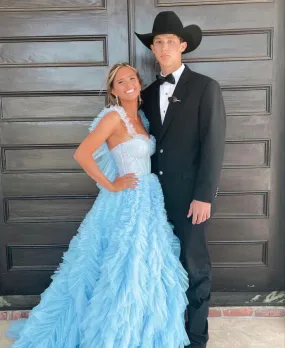 Light Sky Blue Tulle Princess Ruffle Straps With Tiered Long Prom Dress    fg3101