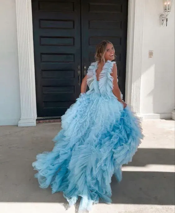 Light Sky Blue Tulle Princess Ruffle Straps With Tiered Long Prom Dress    fg3101