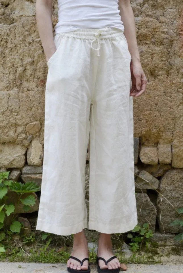 Little above ankle length wide leg white linen pants for summer J092