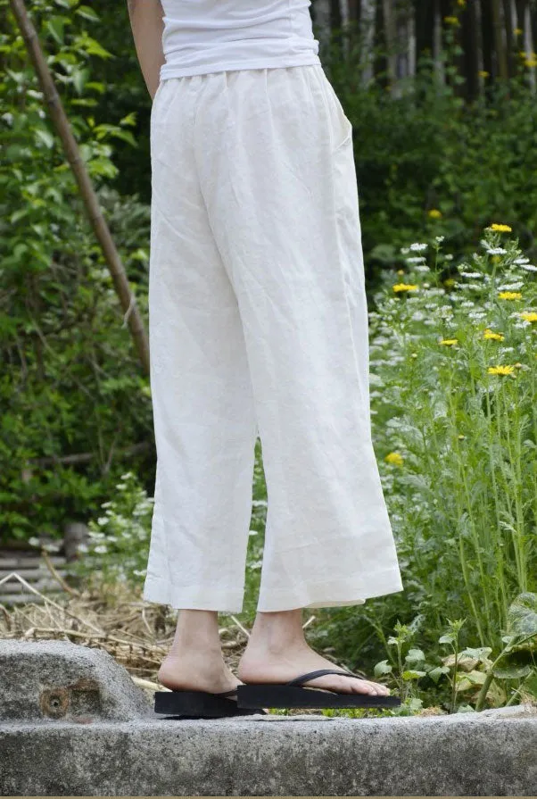 Little above ankle length wide leg white linen pants for summer J092