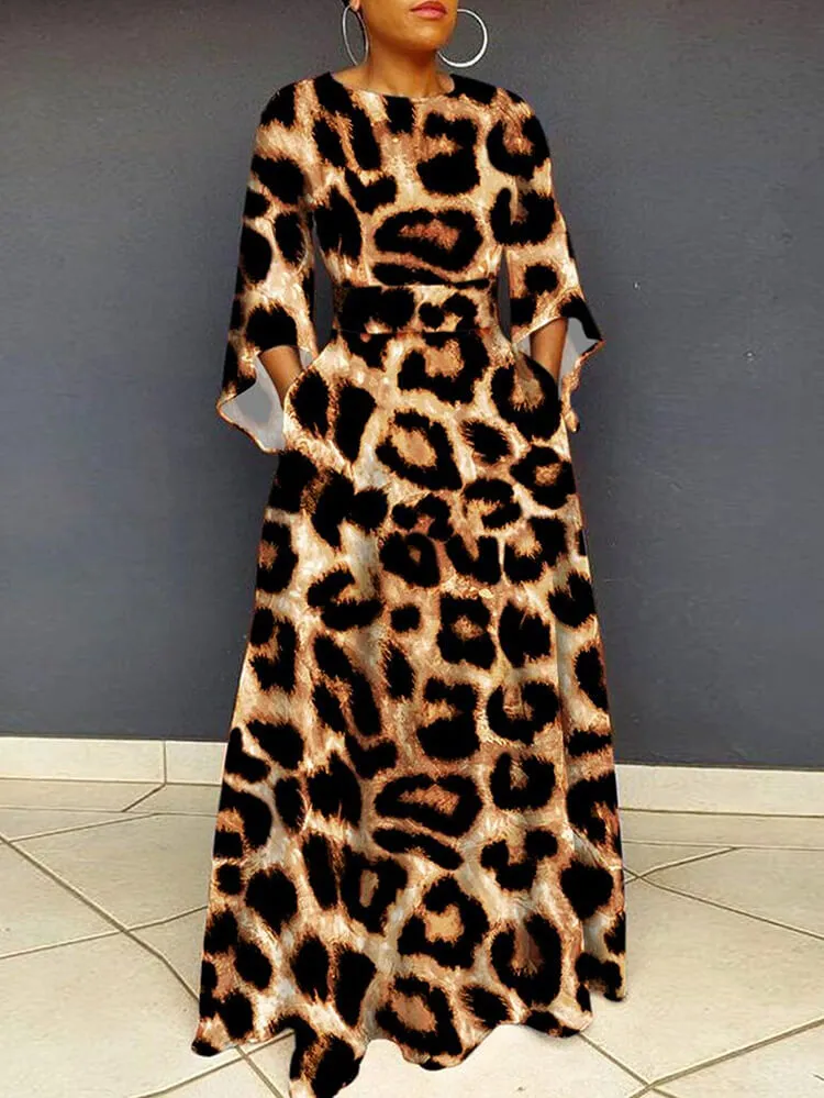 Long Sleeve Leopard Bodycon Maxi Dresses