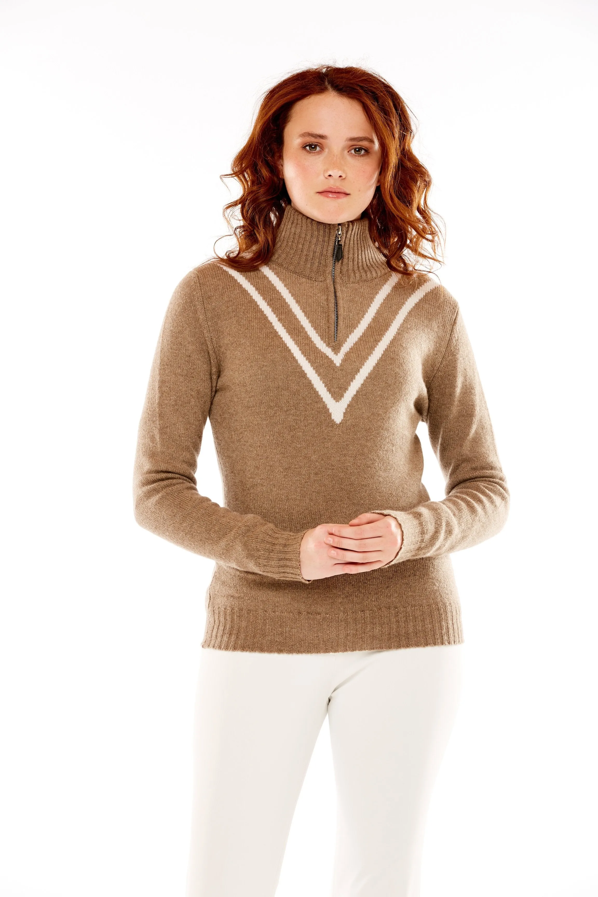 M. Miller Vee Cashmere Half Zip sweater White V stripe in Oatmeal 100% Cashmere