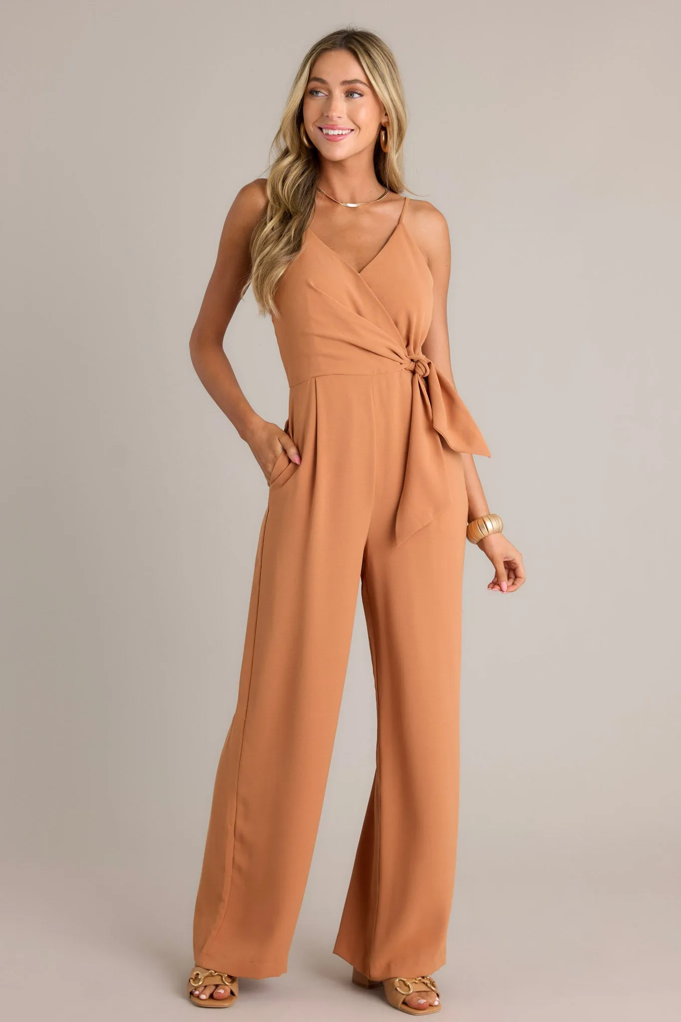 Make Every Day Count Light Clay Faux Wrap Jumpsuit