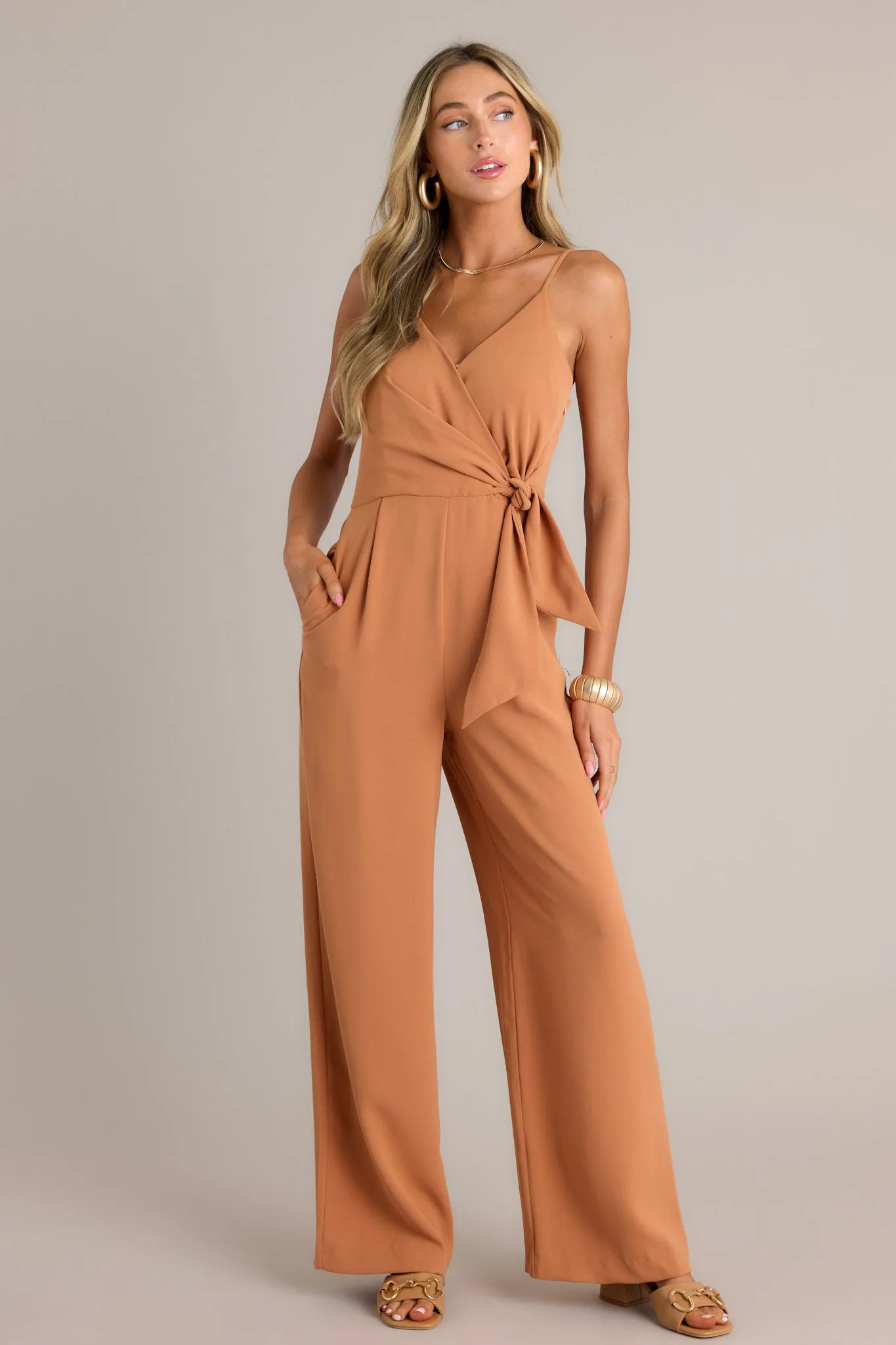 Make Every Day Count Light Clay Faux Wrap Jumpsuit