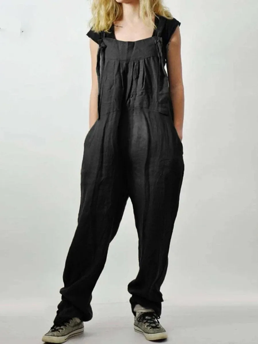 Maternity Cotton And Linen Adjustable Lace-Up Jumpsuit