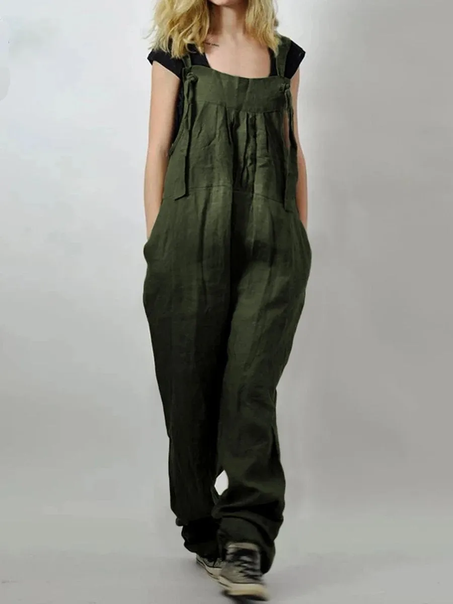 Maternity Cotton And Linen Adjustable Lace-Up Jumpsuit