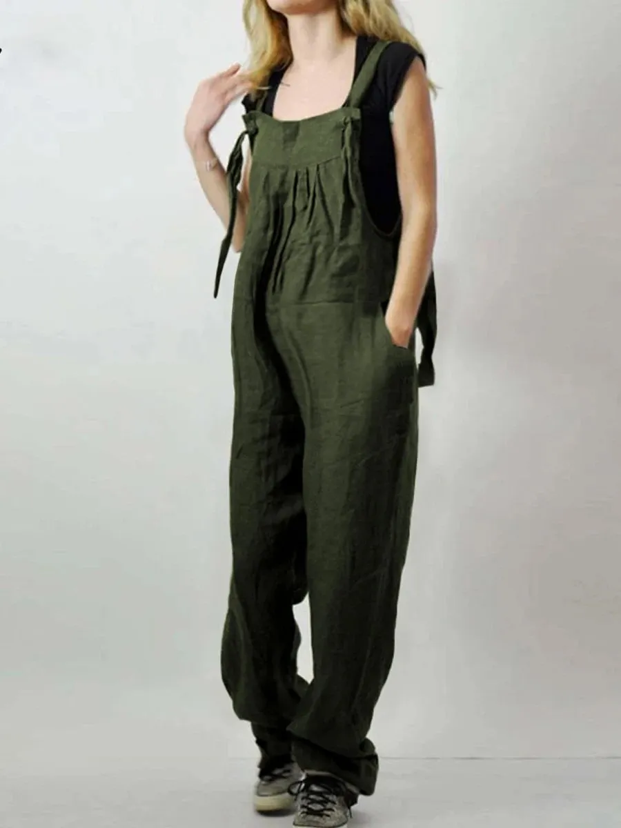 Maternity Cotton And Linen Adjustable Lace-Up Jumpsuit