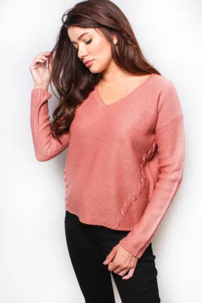 Mauve V Neck Long Sleeve Cable Knit Sweater