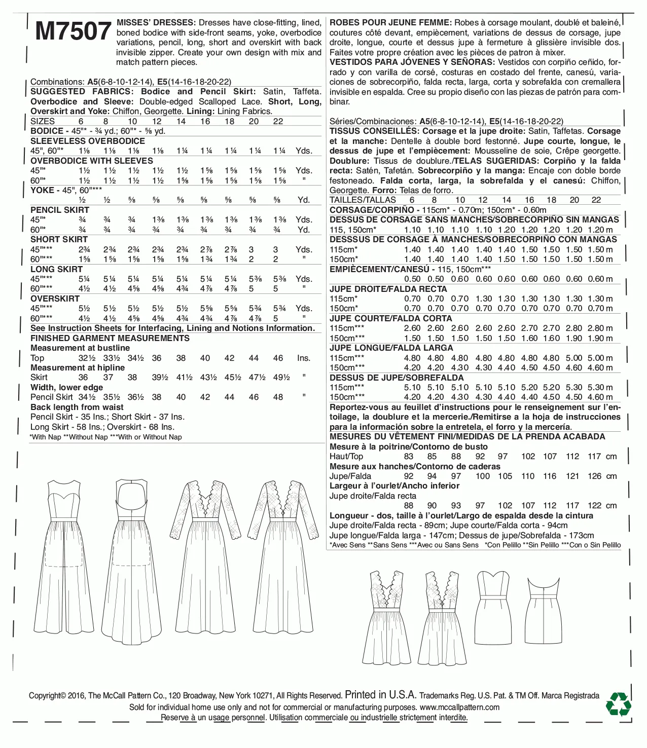 McCall's Pattern M7507 Misses' Mix-and-Match Sweetheart Dresses