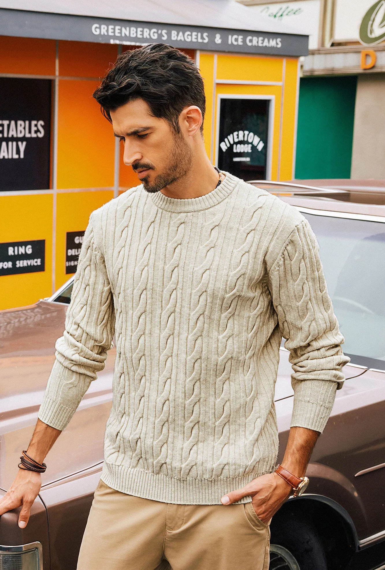 Men Cable Knitted Sweater Long Sleeve Crew Neck Ribbed Cuff Pullover