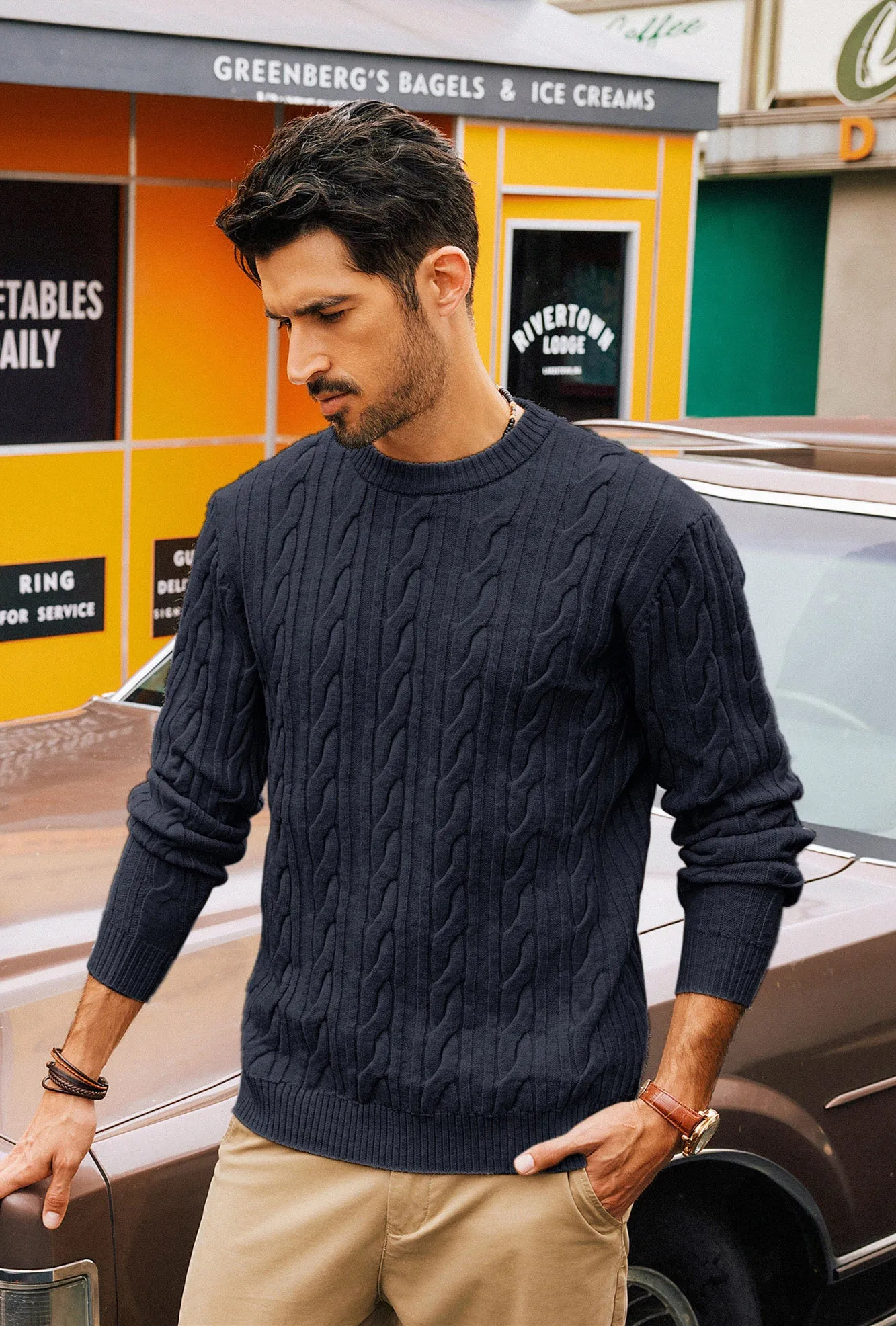 Men Cable Knitted Sweater Long Sleeve Crew Neck Ribbed Cuff Pullover