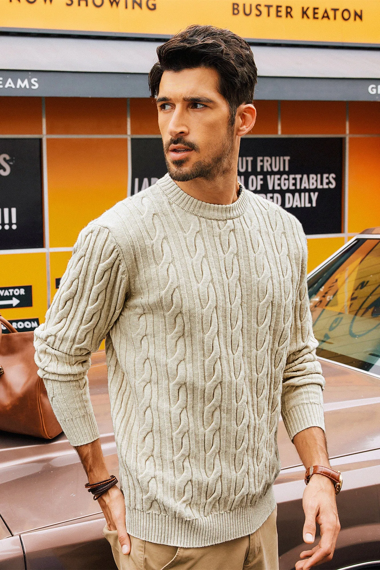 Men Cable Knitted Sweater Long Sleeve Crew Neck Ribbed Cuff Pullover