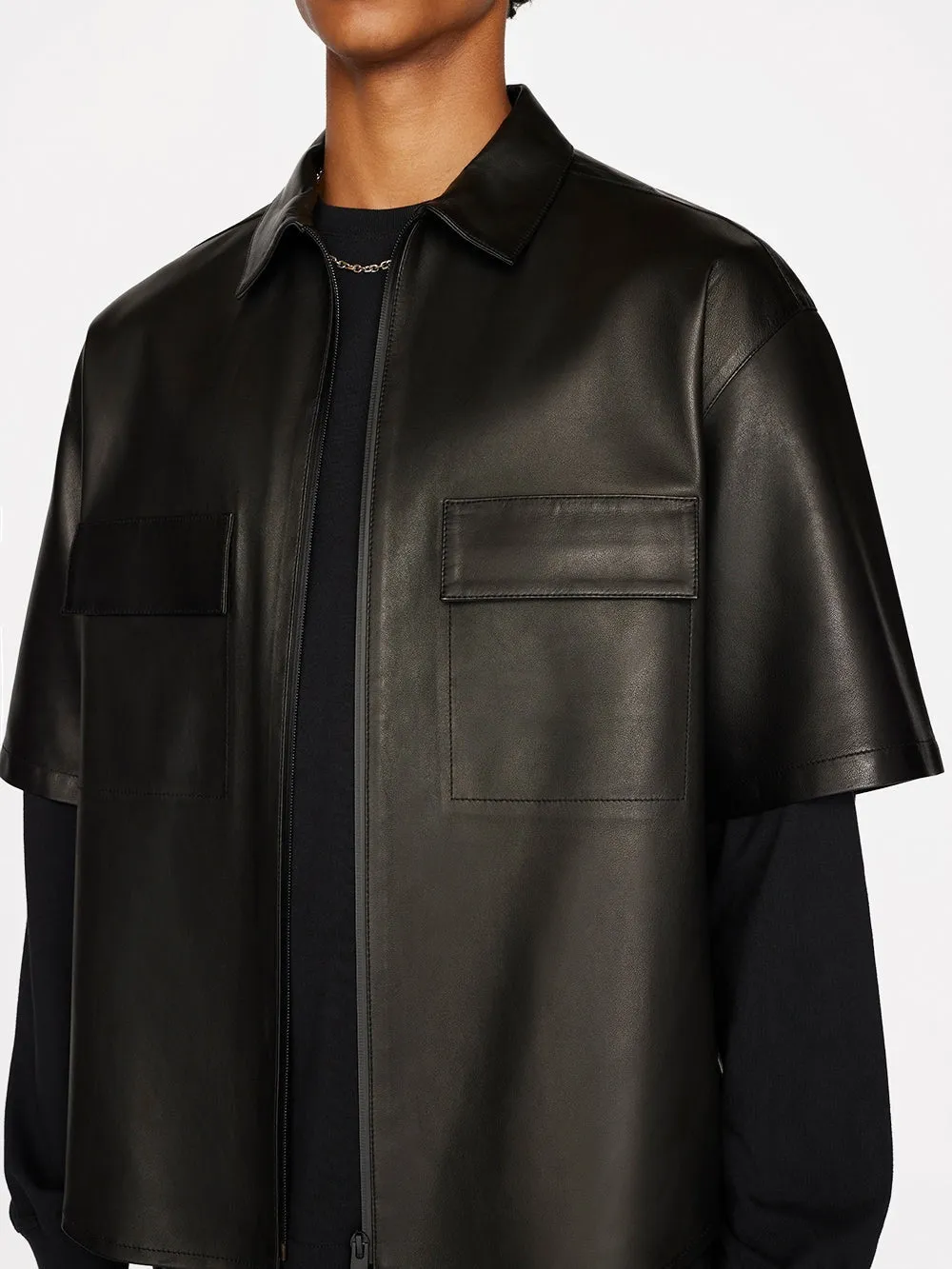 Men’s Half Sleeves Black Genuine Sheepskin Leather Shirt