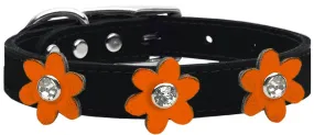 Metallic Flower Leather Collar Black With Metallic Orange Flowers Size 10