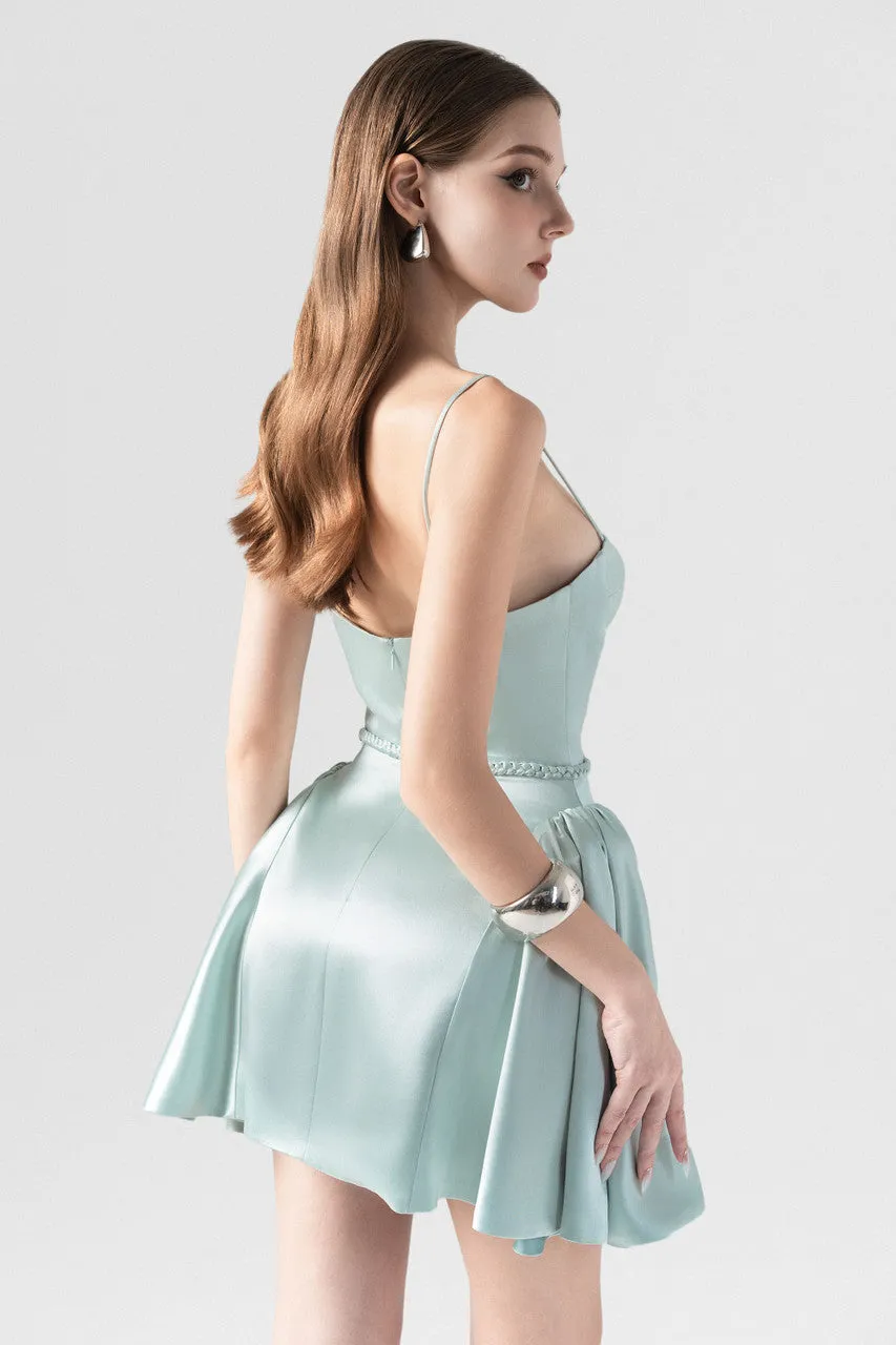 Mint Blue Woven Tie Waist Flared Silk Dress