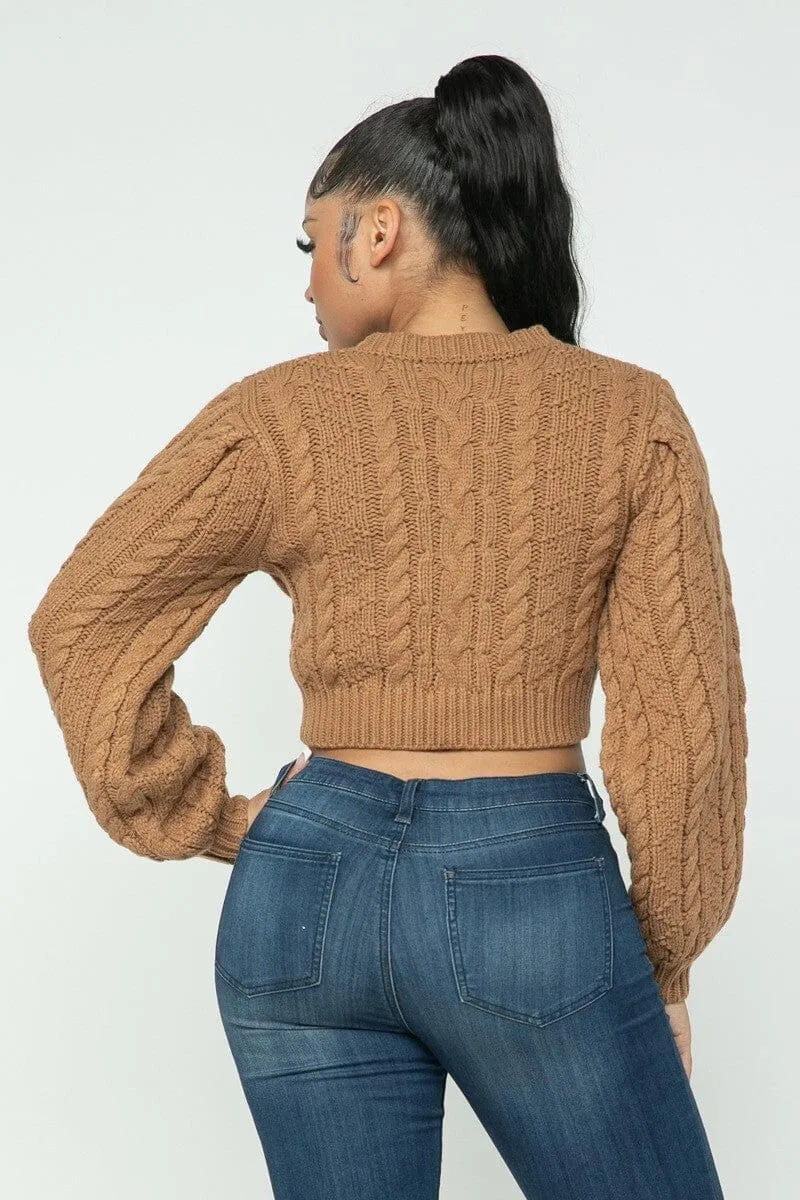 Mocha Brown Cropped Long Sleeve Cable Pullover Sweater Top_