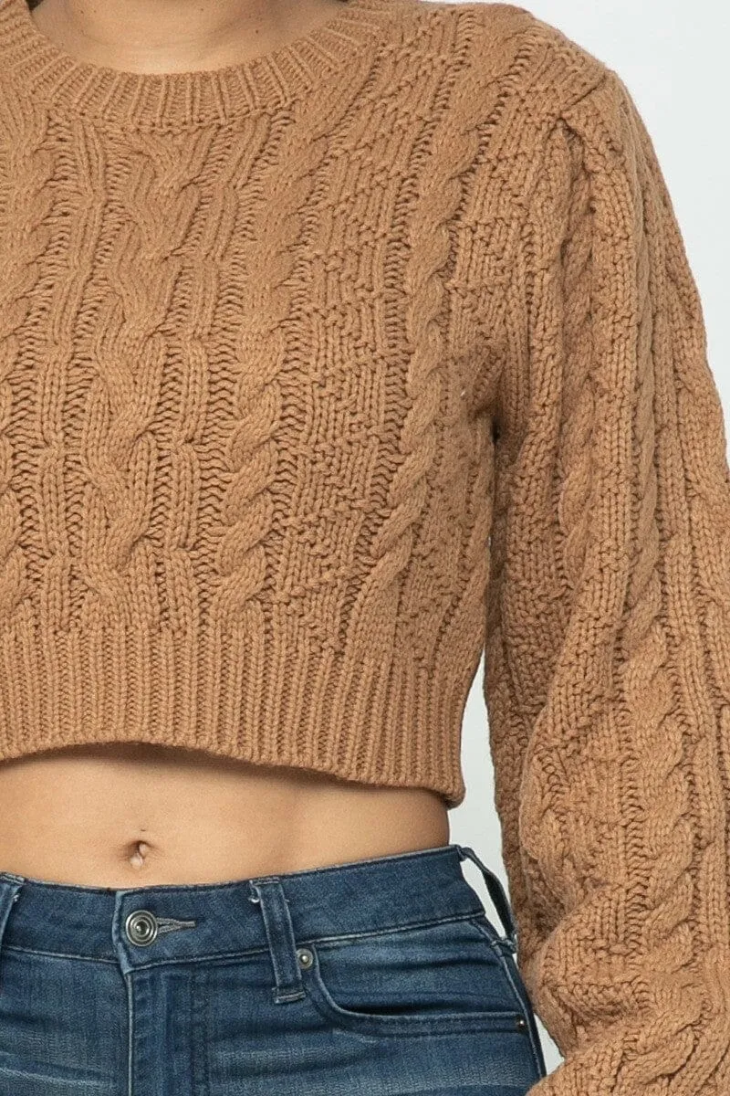 Mocha Brown Cropped Long Sleeve Cable Pullover Sweater Top_