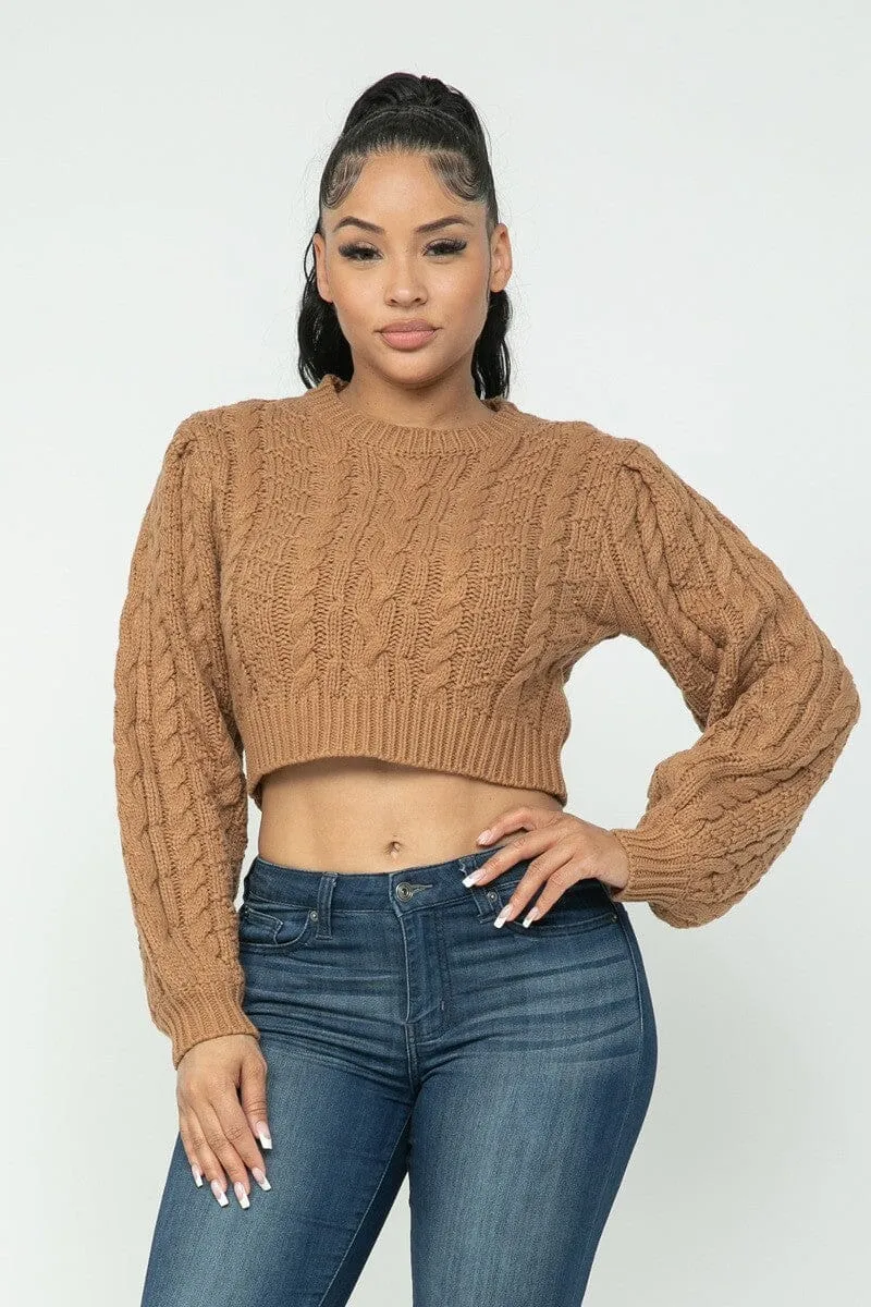 Mocha Brown Cropped Long Sleeve Cable Pullover Sweater Top_