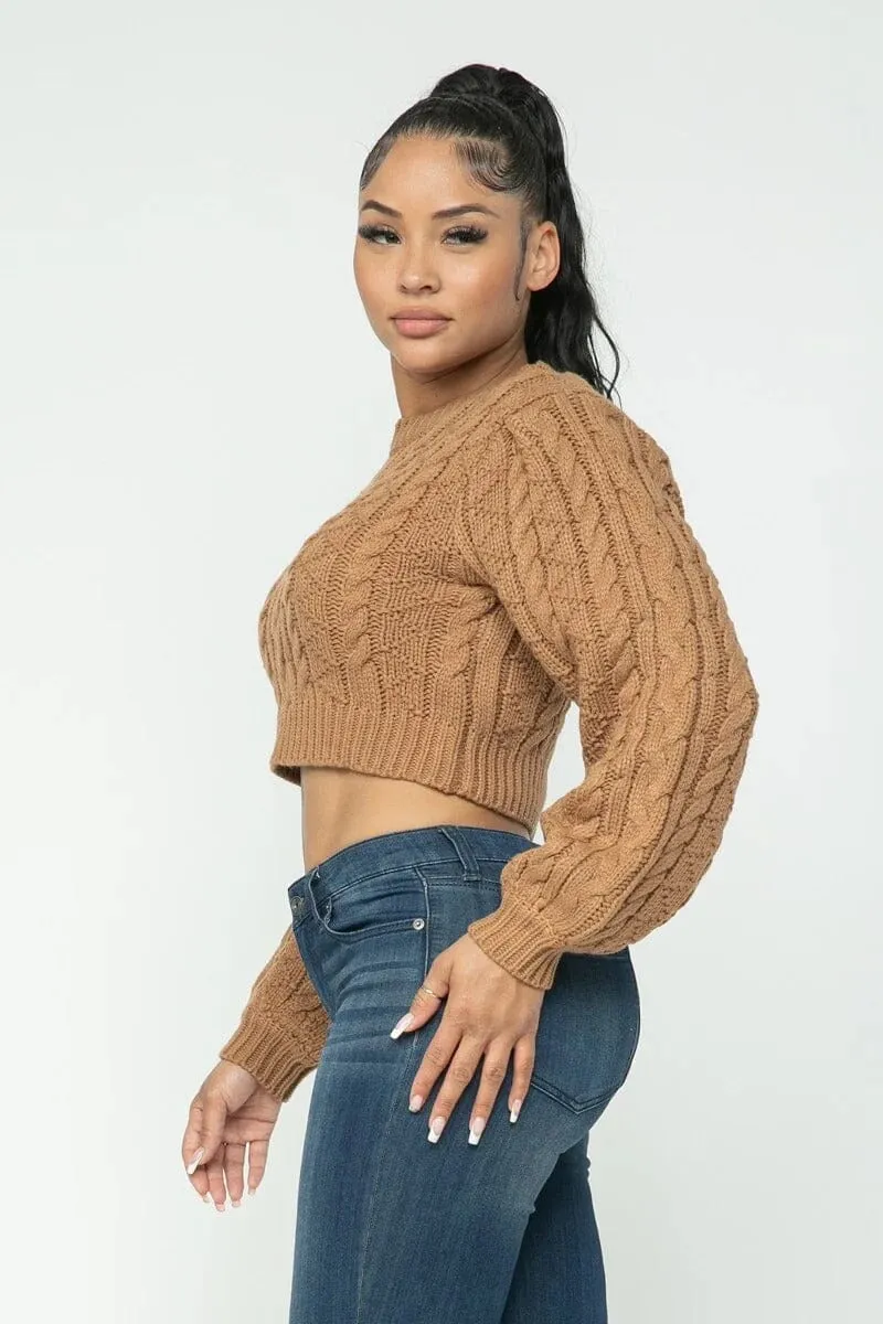 Mocha Brown Cropped Long Sleeve Cable Pullover Sweater Top_