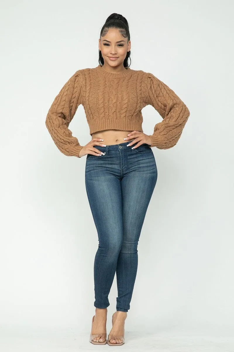 Mocha Brown Cropped Long Sleeve Cable Pullover Sweater Top_