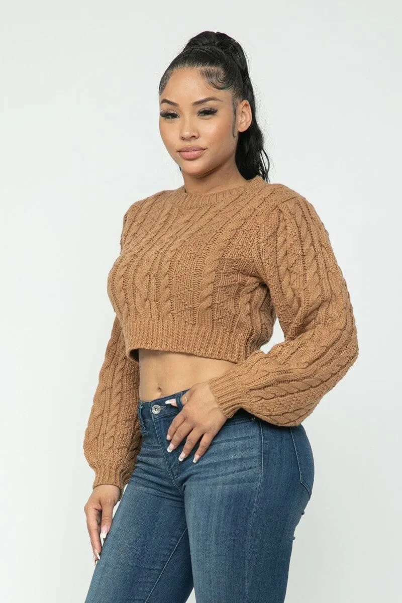 Mocha Brown Cropped Long Sleeve Cable Pullover Sweater Top_