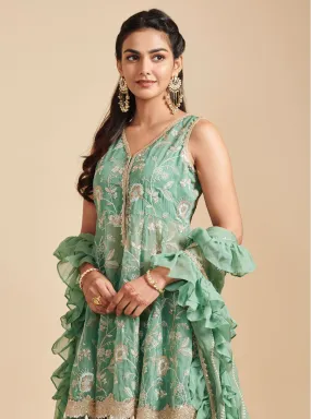 Mulmul Organza Lashkara Green Short Anarkali Kurta With Mulmul Silk Lashkara Green Sharara