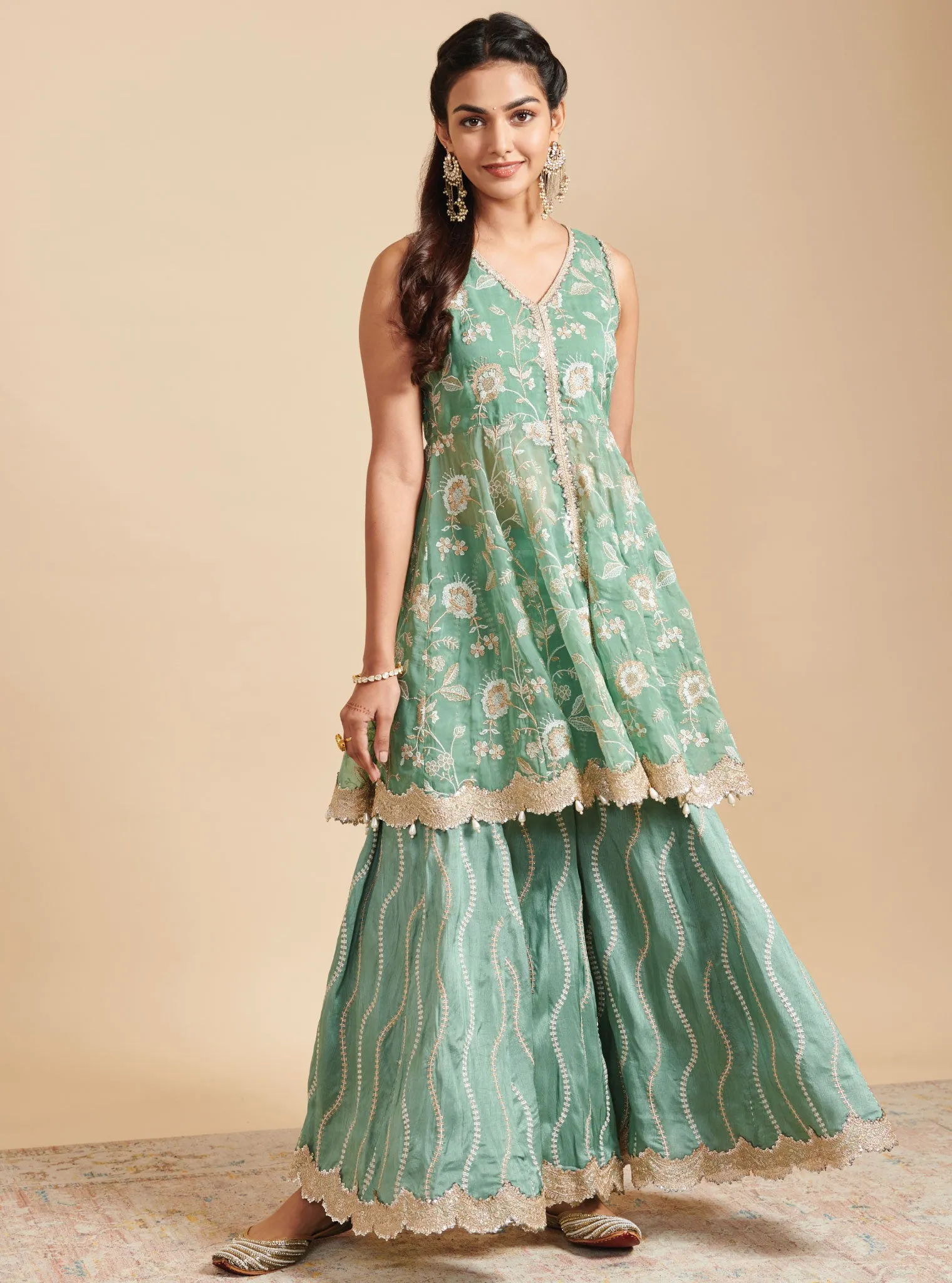 Mulmul Organza Lashkara Green Short Anarkali Kurta With Mulmul Silk Lashkara Green Sharara