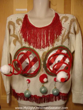 Naughty Tacky 3D Ugly Christmas Sweater Springy Funny 80s Padded Shoulders Fringe (r4)