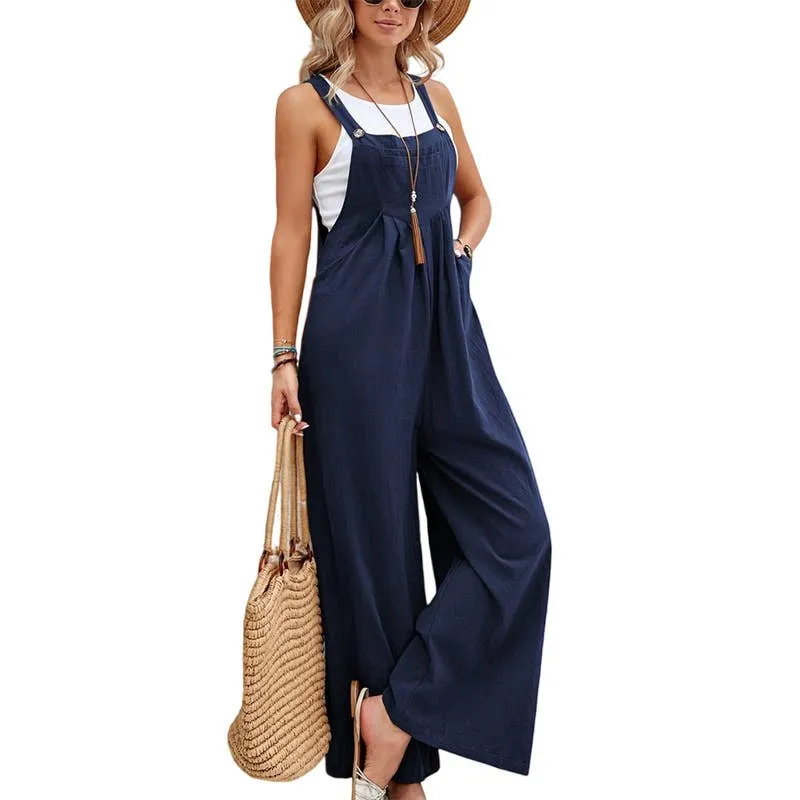 Navy Solid Color Casual Bib Pants Women