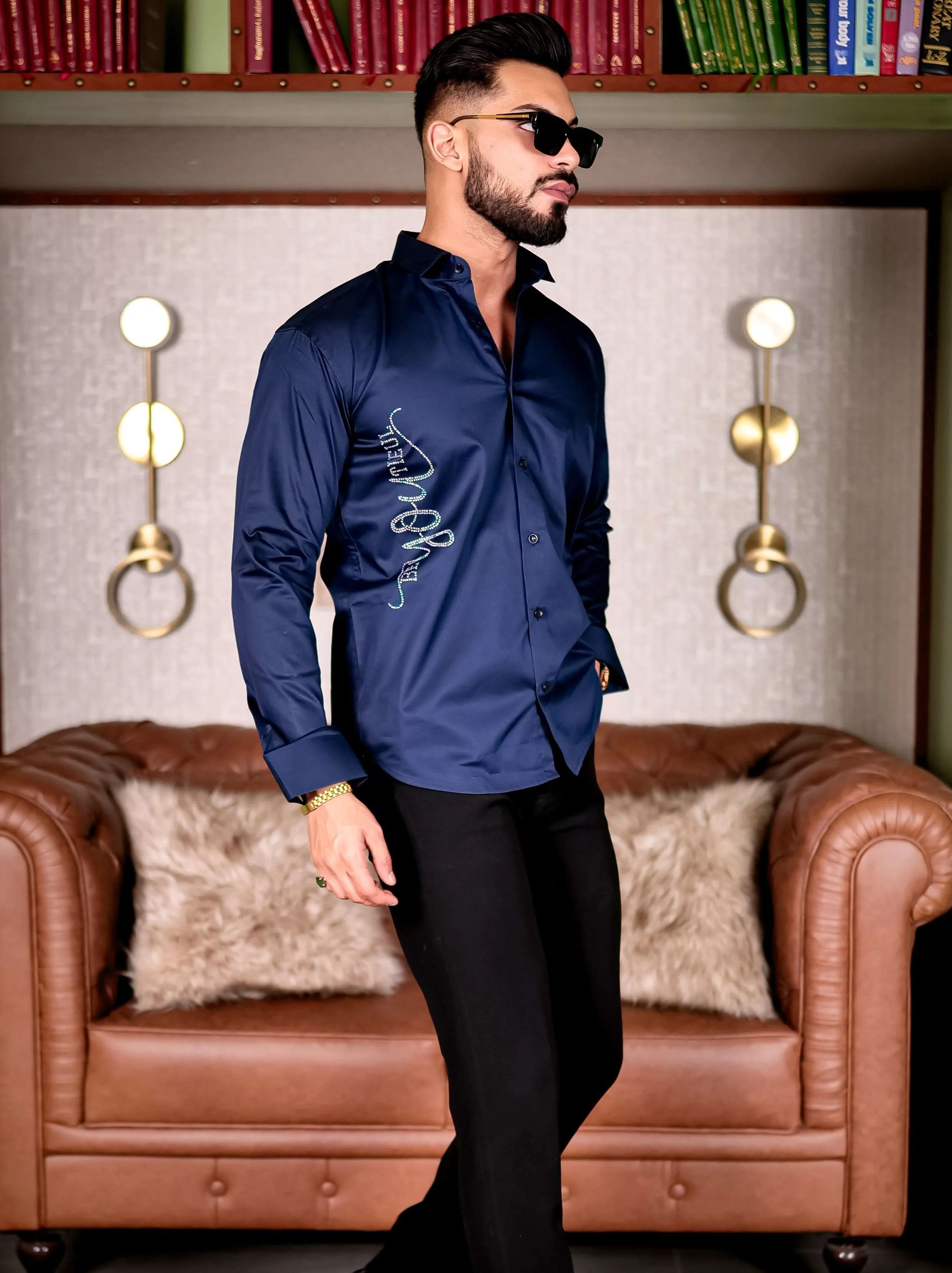 Navy Starry Beaded Club Wear Printed Satin Cotton Shirt