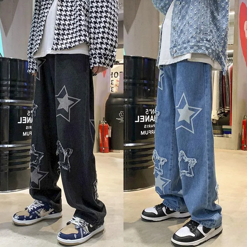 patch embroidered straight leg loose retro Hong Kong style ins tide brand jeans