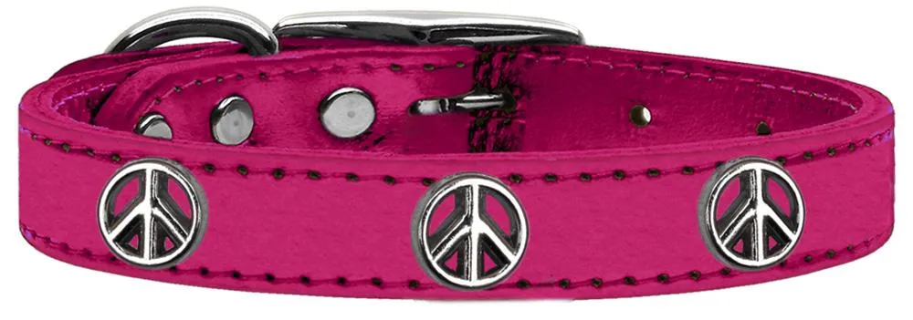 Peace Sign Widget Genuine Metallic Leather Dog Collar Pink 20