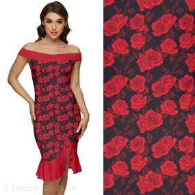 Pin up Dress, Red Sheath Dress, Retro 40s Dress Style, Women's sheath dress, Floral Dress, Sexy Dress, Off shoulder dress, Red Rose Dress