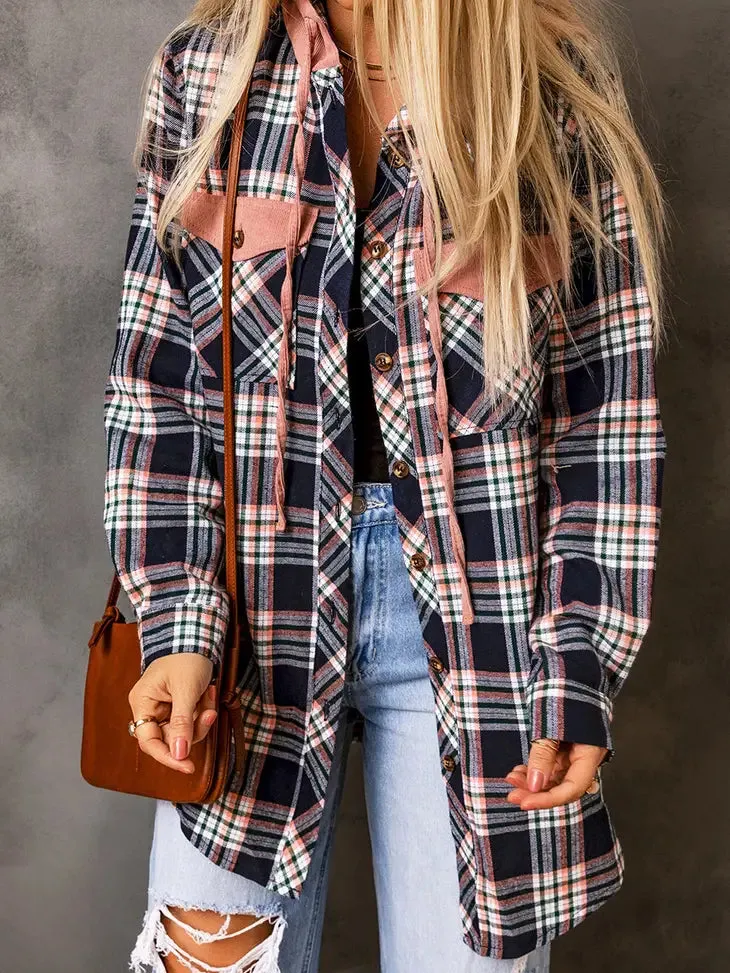 Pink Contrast Hooded Drawstring Plaid Shacket