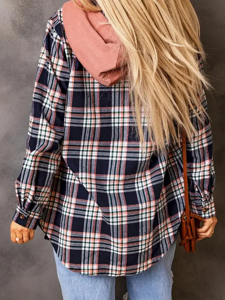 Pink Contrast Hooded Drawstring Plaid Shacket