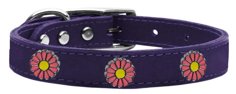 Pink Daisy Widget Genuine Leather Dog Collar Purple 24