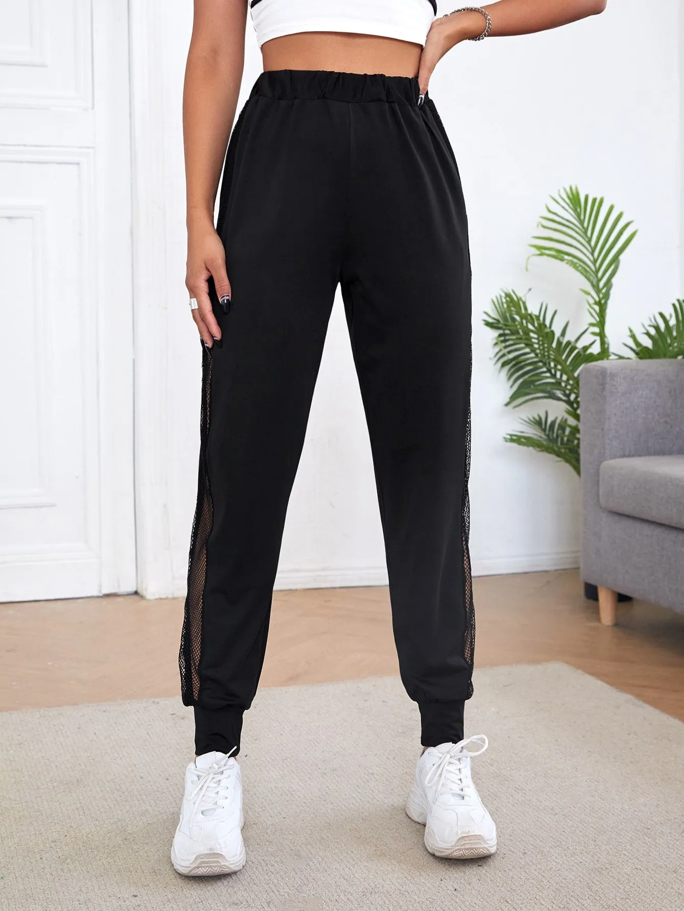 Plain Contrast Mesh High Waist Long Women Sweatpants