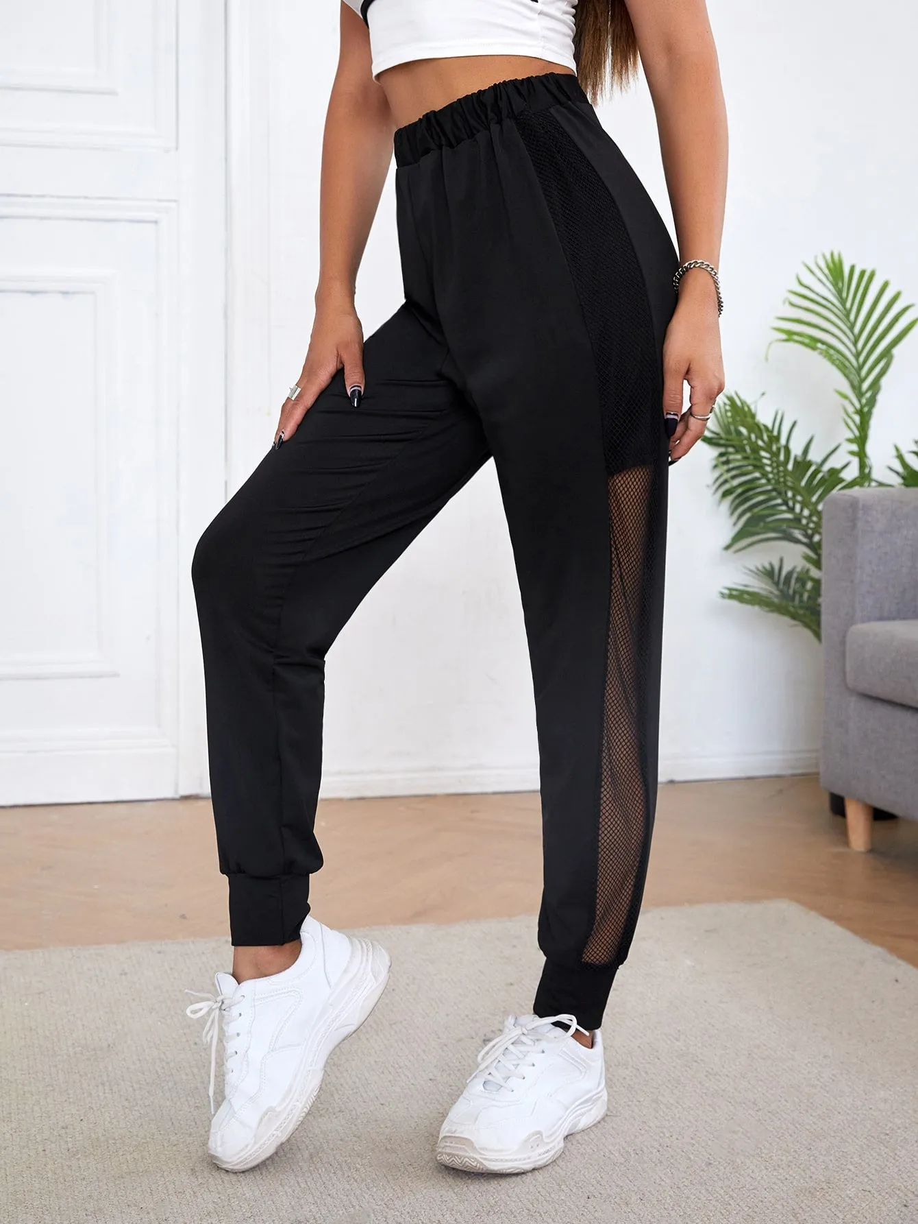 Plain Contrast Mesh High Waist Long Women Sweatpants