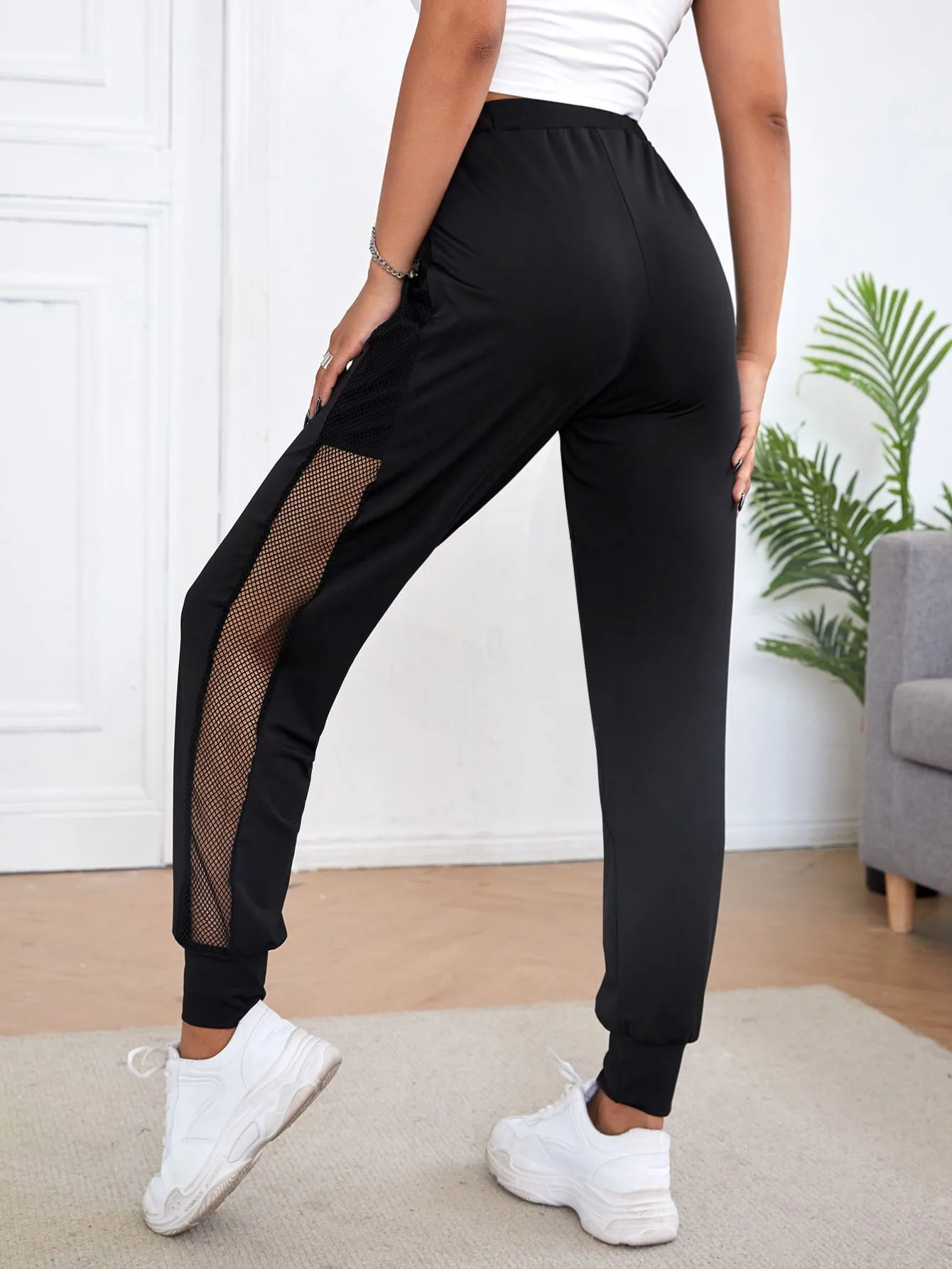 Plain Contrast Mesh High Waist Long Women Sweatpants