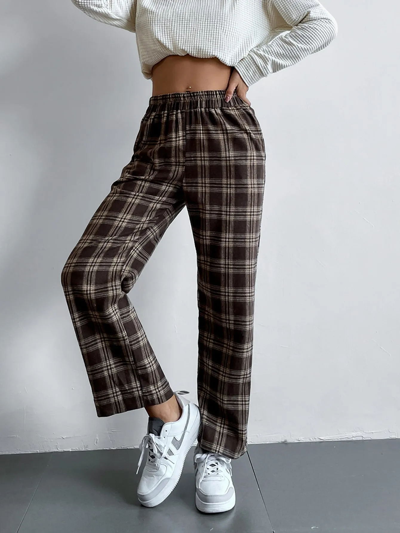 Preppy Tartan High Waist Long Women Pants