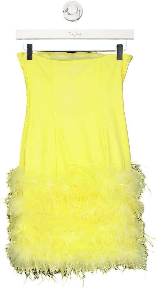 PrettyLittleThing Yellow Feather Detail Bandeau Bodycon Dress UK 6