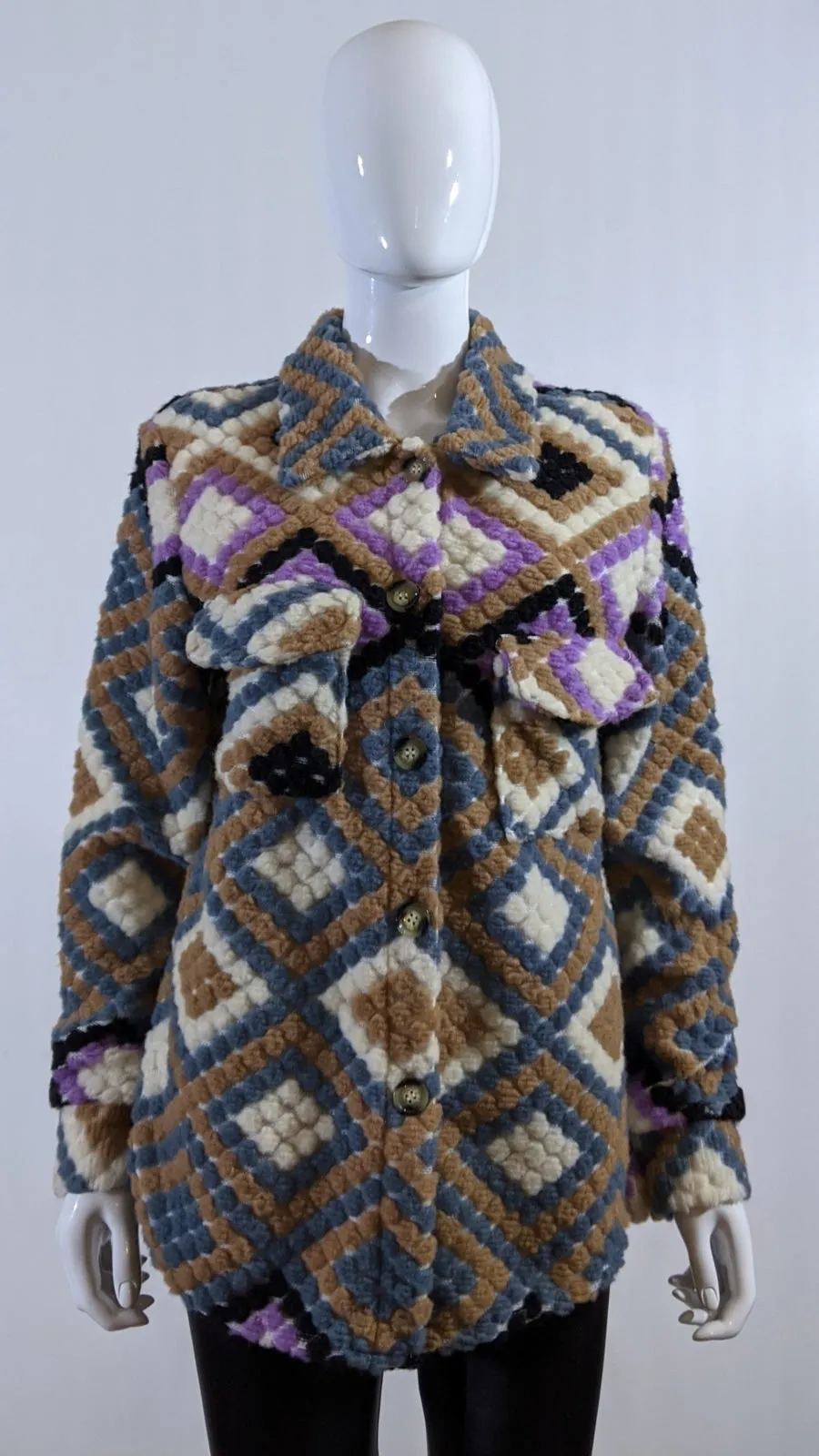 Purple Wool Blend Aztec Print Button Up Shacket