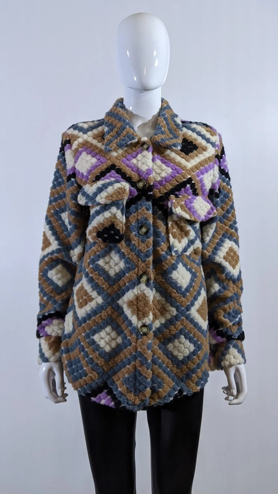 Purple Wool Blend Aztec Print Button Up Shacket