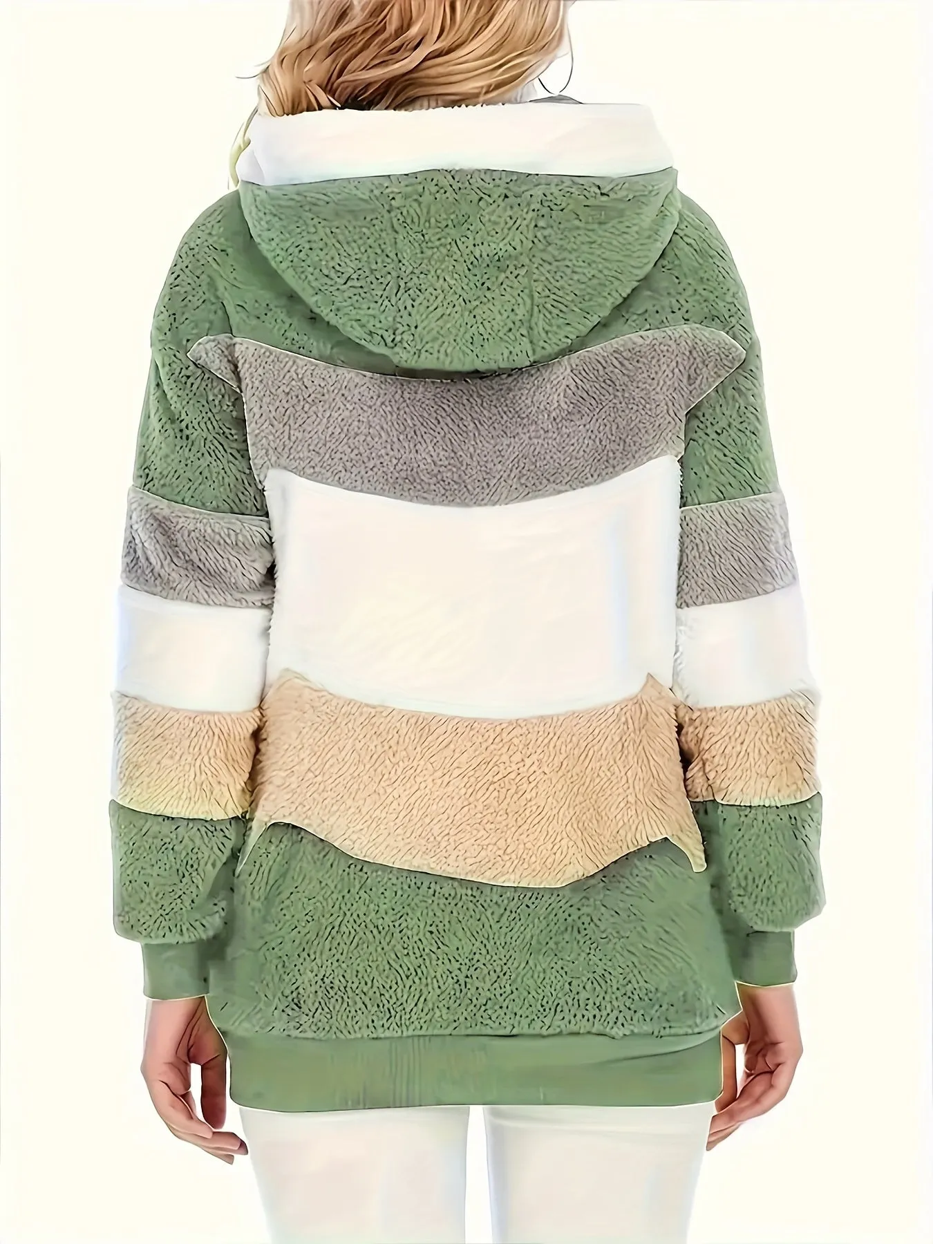 "Color Block Fuzzy Hooded Coat - Jackets In Winter Cozy Long Sleeve Winter Jacket"