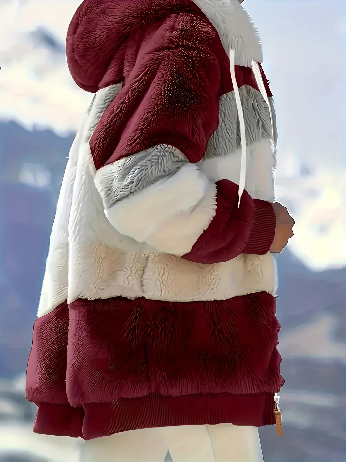 "Color Block Fuzzy Hooded Coat - Jackets In Winter Cozy Long Sleeve Winter Jacket"